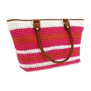 DKNY Orange Pink Straw Large Beach Shopper Tote